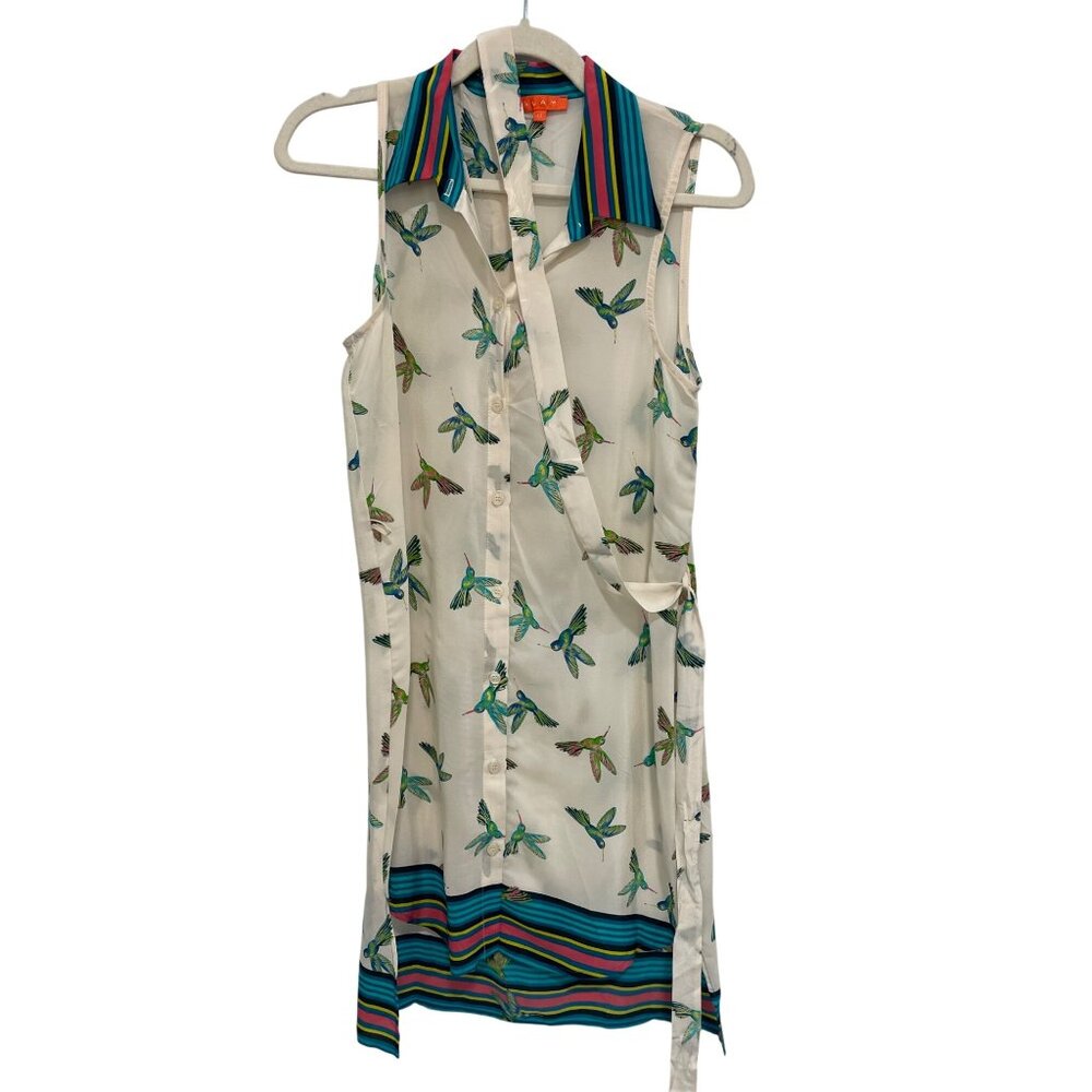 Glam Silk Hummingbird Belted Dress Size Small Sleeveless Button Front Multicolor